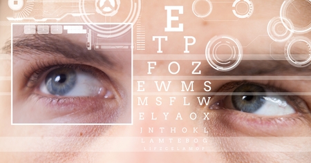 Digital composite of man with eye focus box detail and lines and Eye test interfaceの写真素材