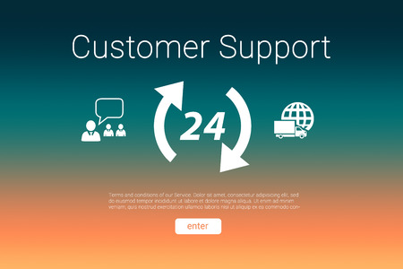 Icons and customer support text against turquoise and orange backgroundの写真素材