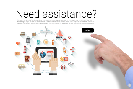 Hand of a businessman pointing something against icons with need assistance textの写真素材