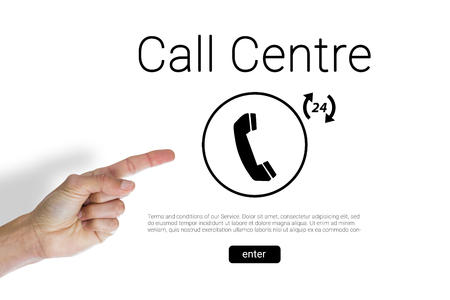 Cropped hand of man pointing against call centre text with telephone iconの写真素材