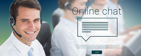 Business people with headsets using computers  against green and blue backgroundの写真素材