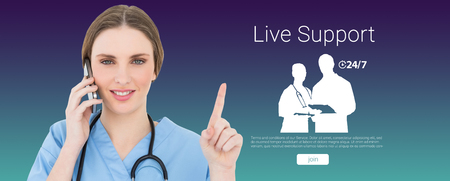 Pretty woman doctor phoning and pointing with her finger against turquoise and purple background
