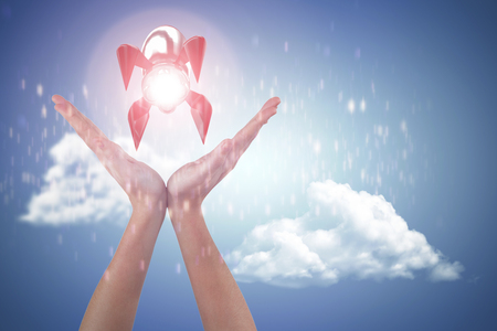 Hands gesturing against white background against purple vignetteの写真素材