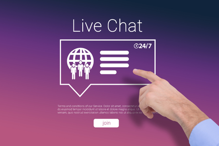 Hand of a businessman pointing something against pink and purple backgroundの写真素材