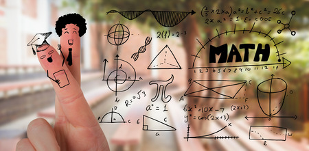 Graphic anthropomorphic smiley faces of students on fingers against parkの写真素材