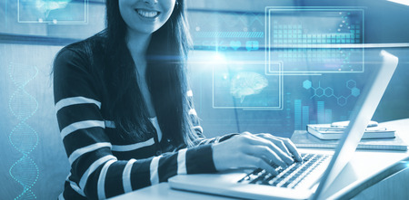 Digital image of brain with DNA helix and graph against smiling student using laptop at desk