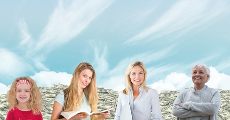 Digital composite of Women of age generations growing up with money and sky