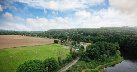 High angle view of trees growing by field against skyの写真素材