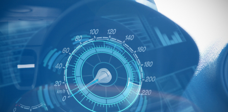 Digitally generated image of volume knob with graph against cropped image of car speedometerの写真素材