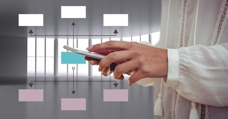 Digital composite of Hand and phone next to Colorful mind map over windows background