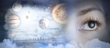 Close up view of a businesswoman looking away against composite image of solar system against white...
