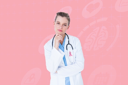 Digital composite of Doctor woman with breast cancer awareness ribbonの写真素材