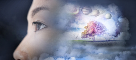 Composite image of solar system against white background against close up of young woman looking away in 3dの写真素材