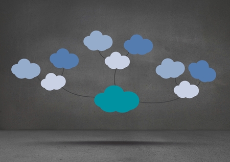 Digital composite of Colorful mind map clouds floating over dark room backgroundの写真素材