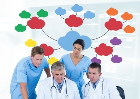 Digital composite of Group meeting of doctors and medical staff with mind map