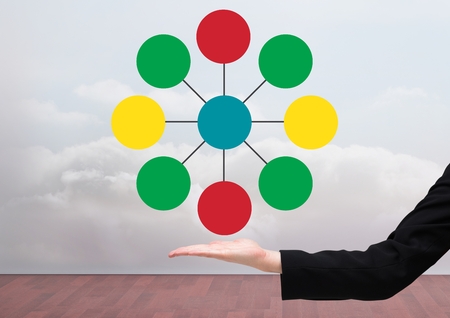 Digital composite of Hand and Colorful mind map over sky backgroundの写真素材