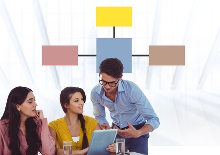 Digital composite of Group meeting with mind map and laptopの写真素材