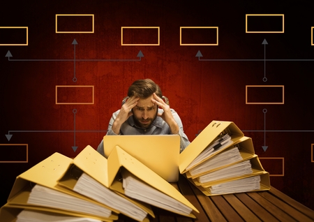 Digital composite of Businessman with mind map and files and foldersの写真素材