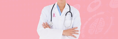 Digital composite of Doctor with breast cancer awareness ribbonの写真素材