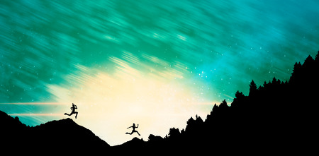 Fit brunette running and jumping against digitally composite image of colorful lights