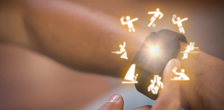 Illustration image of various sports activities against man using smart watch in living room