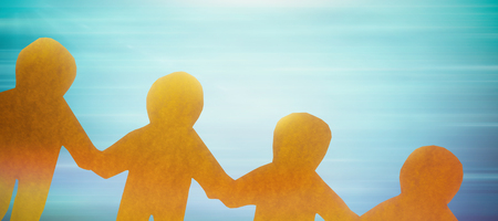 little yellow person against blue abstract imageの写真素材