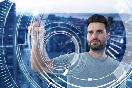 Man touching invisible screen against circle interface with percentage in blue backgroundの写真素材