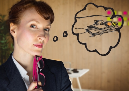Digital composite of Close up of business woman dreaming of beach against blurry officeの写真素材