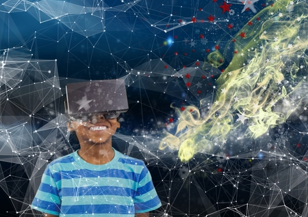 Digital composite of boy with VR glasses on the space