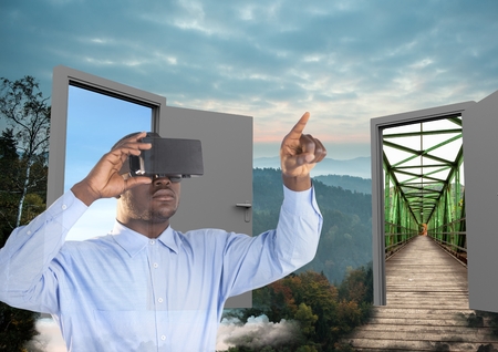Digital composite of man with VR glasses in the forest with two doors to go other place