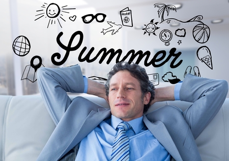 Digital composite of Business man on couch against summer doodle and blurry white officeの写真素材