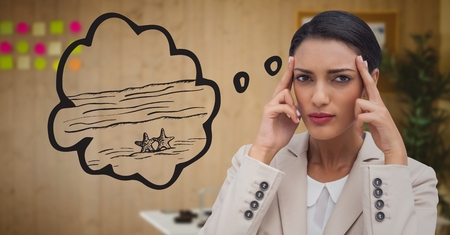 Digital composite of Frustrated business woman dreaming of beach against blurry  officeの写真素材