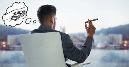 Digital composite of Back of business man in chair with cigar dreaming of holiday against blurry skylineの写真素材