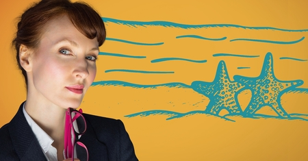 Digital composite of Close up of business woman thinking against blue beach doodle against yellow backgroundの写真素材