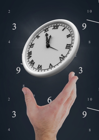Digital composite of Hand holding a clock against background with clocks