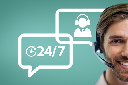 Digital composite of Happy customer care assistant man against customer care backgroundの写真素材