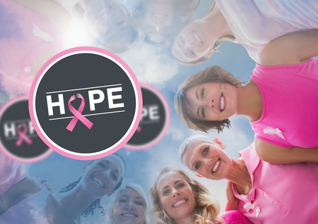 Digital composite of Hope text with breast cancer awareness women togetherの写真素材