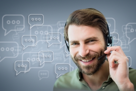 Digital composite of Happy customer care assistant man against customer care background