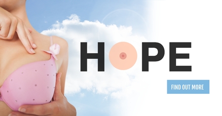 Digital composite of Find out more button with Hope text on Breast cancer woman with sky clouds background checking in brの写真素材