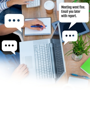 Digital composite of People working in office on desk with chat bubbles about meetingの写真素材