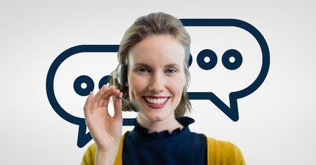 Digital composite of Happy customer care assistant woman against customer care background