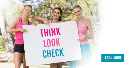 Digital composite of Learn more button with Think Look Check text and pink breast cancer awareness women holding cardの写真素材