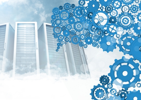 Digital composite of cog gears  with servers in backgroundの写真素材