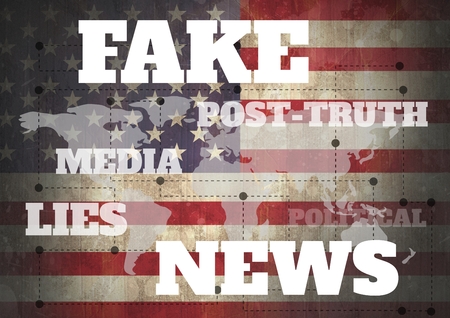 Digital composite of Fake news and associated text over world map and USA flagの写真素材