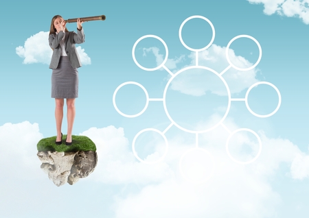 Digital composite of Businesswoman with telescope on floating rock platform with interface mind map in skyの写真素材