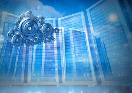 Digital composite of 3D cog gears cloud with servers in background