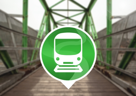 Digital composite of train icon on railway trackの写真素材