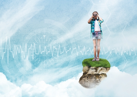 Digital composite of Young Girl on floating rock platform  in sky with binoculars with interfaceの写真素材