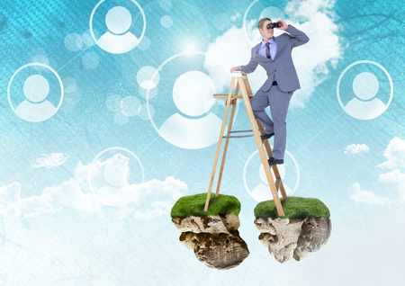 Digital composite of Businessman with binoculars on floating rock platforms and ladder with profiles interface in skyの写真素材