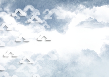Digital composite of Sky clouds with graphics of clouds with upload arrowsの写真素材